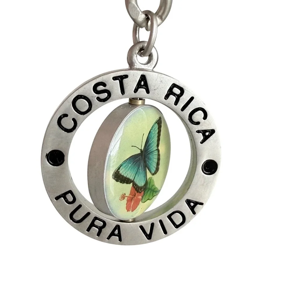 Costa Rica Pura Vida Keychain Adult OS Silver Blue Morpho Butterfly Spinning